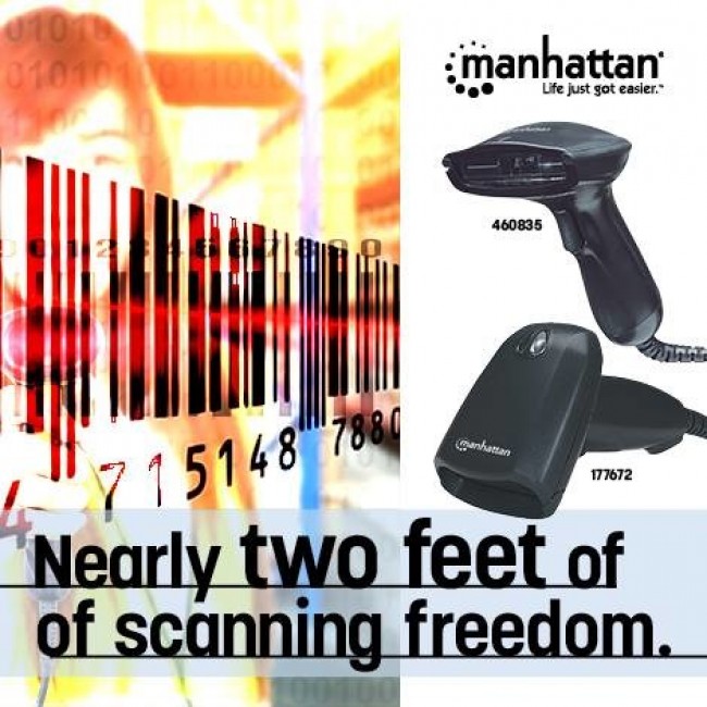 Manhattan Long Range CCD Handheld Barcode Scanner, USB, 500mm Scan Depth, Cable 1.5m, Max Ambient Light 10,000 lux (sunlight), Black, Three Year Warranty Manhattan Long Range CCD Handheld Barcode Scanner, USB, 500mm Scan Depth, Cable 1.5m, Max Ambient Light 10,000 lux (sunlight), Black, Three Year Warranty