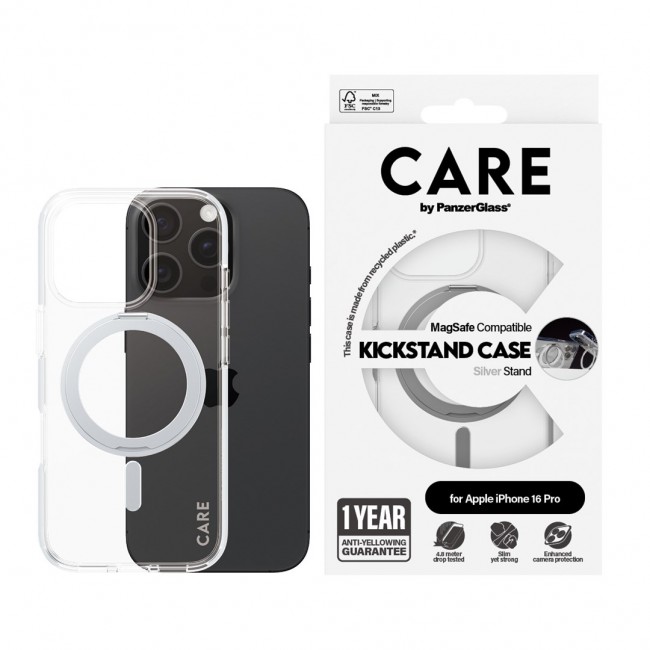 PanzerGlass CARE by Feature Case Transparent w. Silver Kickstand & MagSafe iPhone 16 Pro