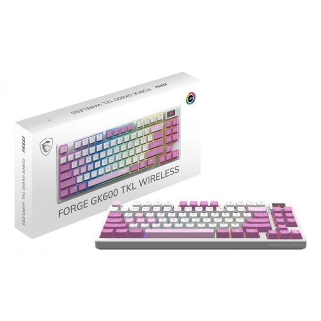 MSI FORGE GK600 TKL WIRELESS VIOLET keyboard Gaming USB + Bluetooth QWERTY Spanish Pink, Violet, White