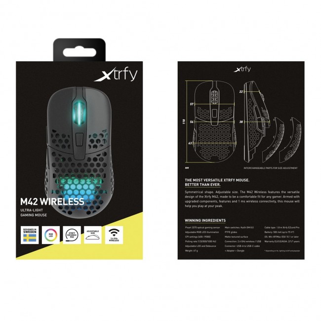 CHERRY XTRFY M42 RGB mouse Gaming Ambidextrous RF Wireless + USB Type-C Optical 19000 DPI