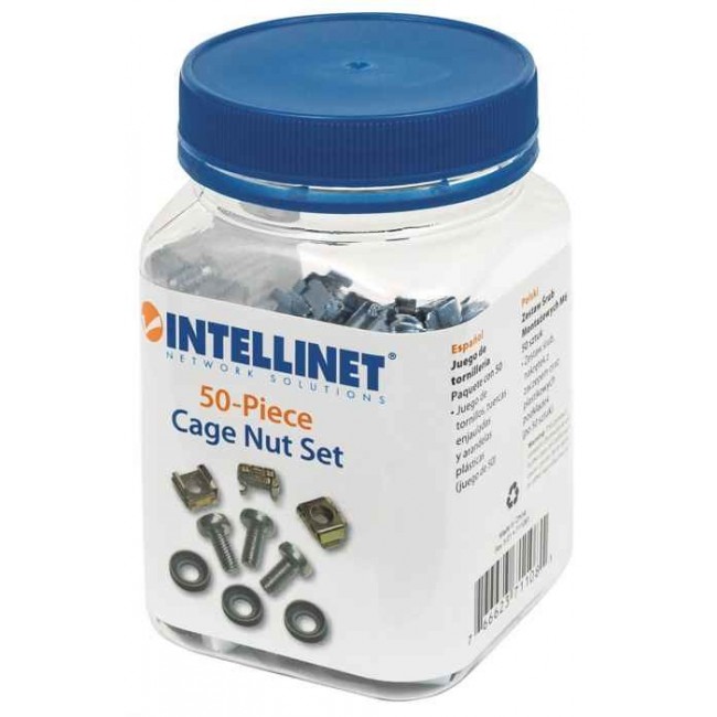 Intellinet Cage Nut Set (50 Pack), M6 Nuts, Bolts and Washers, Suitable for Network Cabinets/Server Racks, Plastic Storage Jar, Lifetime Warranty