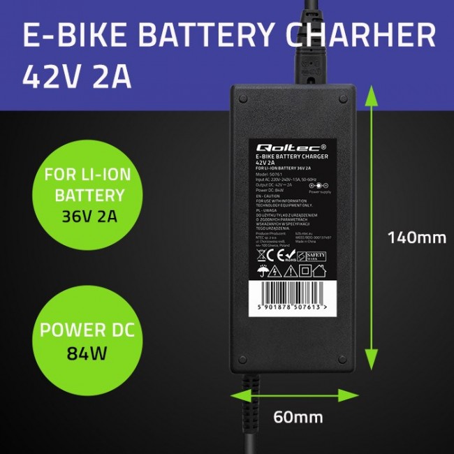 Qoltec 50761 Charger for e-bike batteries 36V | 42V | 2A | 5.5*2.5 Qoltec 50761 Charger for e-bike batteries 36V | 42V | 2A | 5.5*2.5