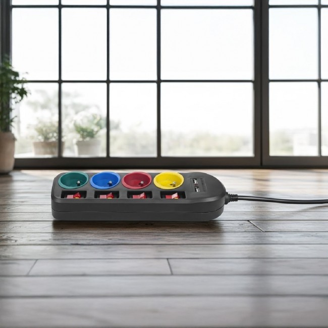 Maclean power strip, 4-socket extension cable + 2xUSB, with switches, 250VAC/10A, 2.1A 5V, 1.5m, black, MCE229 B Maclean power strip, 4-socket extension cable + 2xUSB, with switches, 250VAC/10A, 2.1A 5V, 1.5m, black, MCE229 B