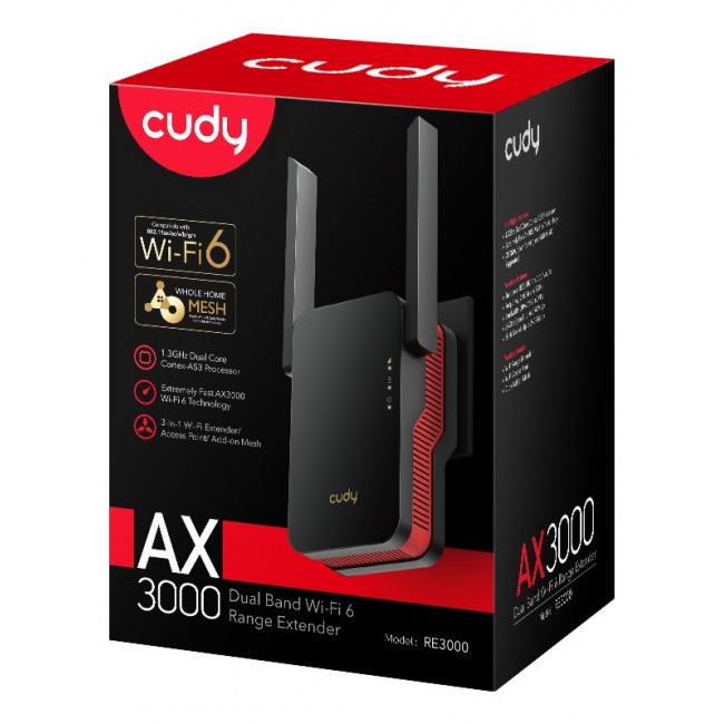 Cudy RE3000 network extender Network repeater Black, Red 10, 100, 1000 Mbit/s