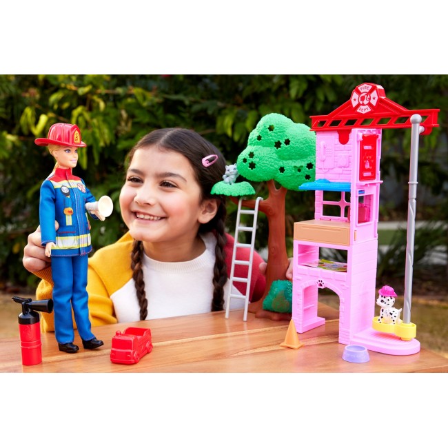 Barbie Firefighter Playset with Blonde Fashion Doll, Fire Station, 2 Pets & 10+ Accessories