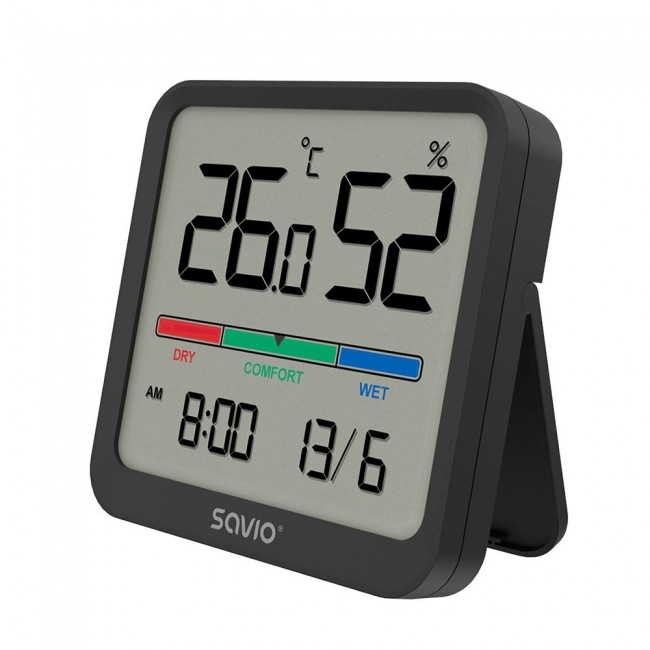 SAVIO Wireless weather station, temperature and humidity sensor, indoor use, LCD screen, clock, date, handle with magnet, CT-01/B Black
