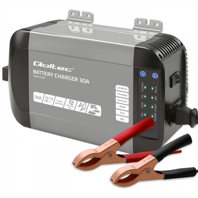 Qoltec Intelligent Professional Monolith Battery Charger for LiFePO4 AGM GEL SLA batteries | 30A | 12V
