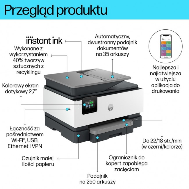 HP OfficeJet Pro 9120e Wireless All-in-One Color Printer, Instant Ink Two-sided printing