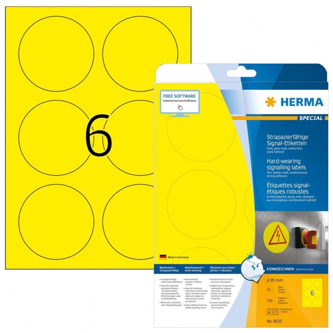 HERMA Signs signalling hard-wearing A4 85 mm round yellow strong adhesion film matt weatherpr 150 pcs.