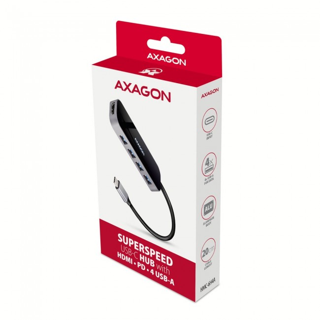 Axagon HMC-6H4A USB 3.2 Gen 1 hub, 4x USB-A, HDMI 4k/30Hz, PD 100W, 20cm USB-C cable