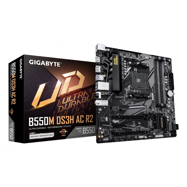 GIGABYTE B550M DS3H AC R2 Motherboard - AMD Ryzen 5000 CPUs, 5+3 Phases VRM, up to 4733MHz DDR4 (O.C.), 1xPCIe 4.0 + 1xPCIe 3.0 M.2, Wi-Fi 5, 1GbE LAN, USB 3.2 Gen 1 GIGABYTE B550M DS3H AC R2 Motherboard - AMD Ryzen 5000 CPUs, 5+3 Phases VRM, up to 4733MHz DDR4 (O.C.), 1xPCIe 4.0 + 1xPCIe 3.0 M.2, Wi-Fi 5, 1GbE LAN, USB 3.2 Gen 1