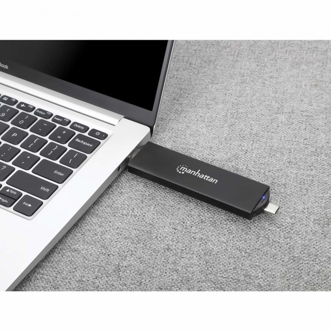 Manhattan M.2 NVMe and SATA SSD Enclosure, USB-C & USB-A Male Connection, Up to 10 Gbps (USB 3.2 Gen2 aka USB 3.1), For 2230/2242/2260/2280 SSDs with M Key or B+M Key, SuperSpeed+ USB, Aluminum, Black, Three Year Warranty Manhattan M.2 NVMe and SATA SSD Enclosure, USB-C & USB-A Male Connection, Up to 10 Gbps (USB 3.2 Gen2 aka USB 3.1), For 2230/2242/2260/2280 SSDs with M Key or B+M Key, SuperSpeed+ USB, Aluminum, Black, Three Year Warranty