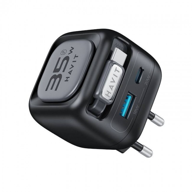 Havit UC250 A-EU - GaN travel charger with extendable cable (black)