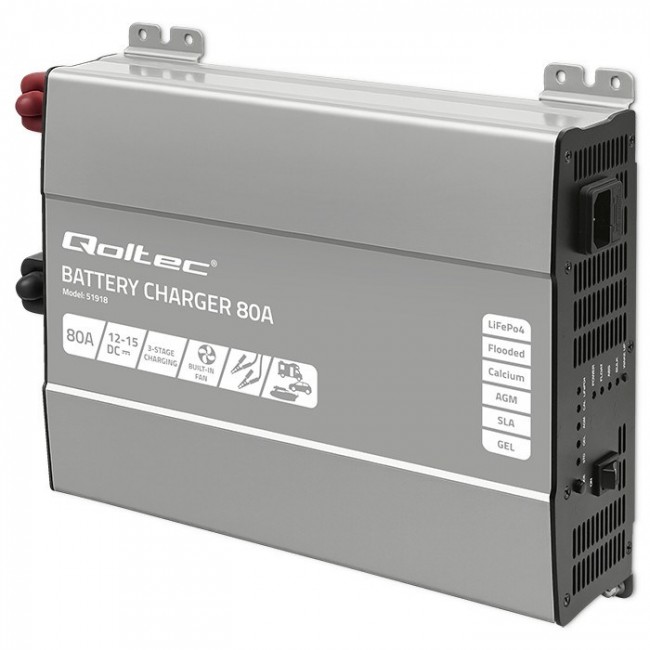 Qoltec Smart Professional Monolith Battery Charger for LiFePO4 AGM GEL SLA batteries | 80A | 12V | Fast charging