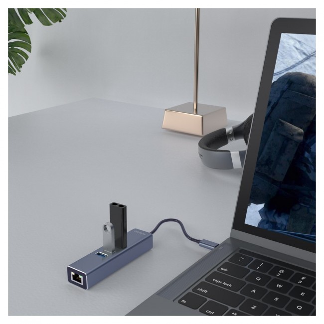 Savio AK-57 USB-C - 3 x USB-A HUB with RJ-45 Gigabit Ethernet adapter, 5000 Mbit/s, grey