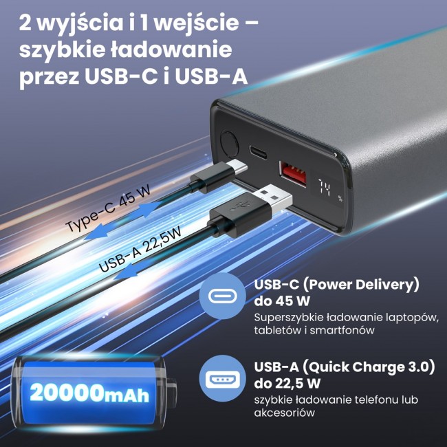 Extralink Powerbank EPB-126 20000mAh Silver Power bank, 45W PD, USB-C Extralink Powerbank EPB-126 20000mAh Silver Power bank, 45W PD, USB-C