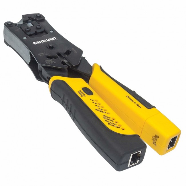 Intellinet Universal Modular Plug Crimping Tool and Cable Tester, 2-in-1 Crimper and Cable Tester: Cuts, Strips, Terminates and Tests, RJ45/RJ11/RJ12/RJ22