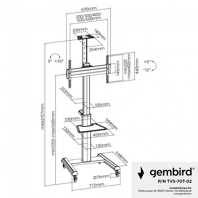 Gembird TVS-70T-02 Aluminum TV floor stand with caster wheels, 37