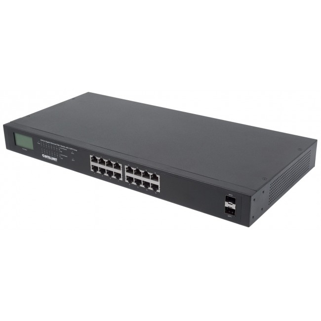 Intellinet 16-Port Gigabit Ethernet PoE+ Switch with 2 SFP Ports, LCD Display, IEEE 802.3at/af Power over Ethernet (PoE+/PoE) Compliant, 370 W, Endspan, 19 Intellinet 16-Port Gigabit Ethernet PoE+ Switch with 2 SFP Ports, LCD Display, IEEE 802.3at/af Power over Ethernet (PoE+/PoE) Compliant, 370 W, Endspan, 19