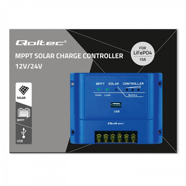 Qoltec 53671 Solar charge controller MPPT 15A for powering DC consumers and charging batteries 12V / 24V | LiFePO4