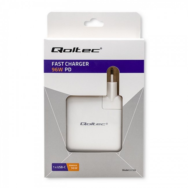 Qoltec 96W FAST Wall Charger | 5-20V | 3- 4.7A | USB C PD | Laptop | Smartphone | White