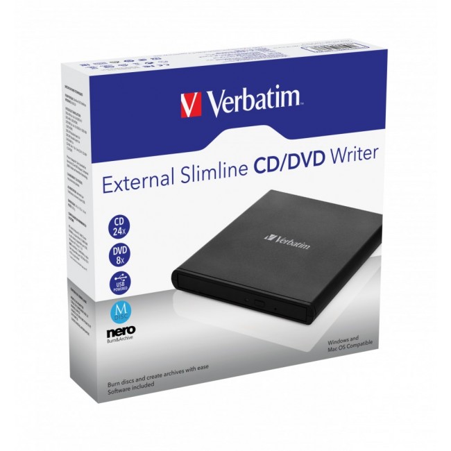 Verbatim External Slimline CD/DVD Writer optical disc drive DVD RW Black Verbatim External Slimline CD/DVD Writer optical disc drive DVD RW Black