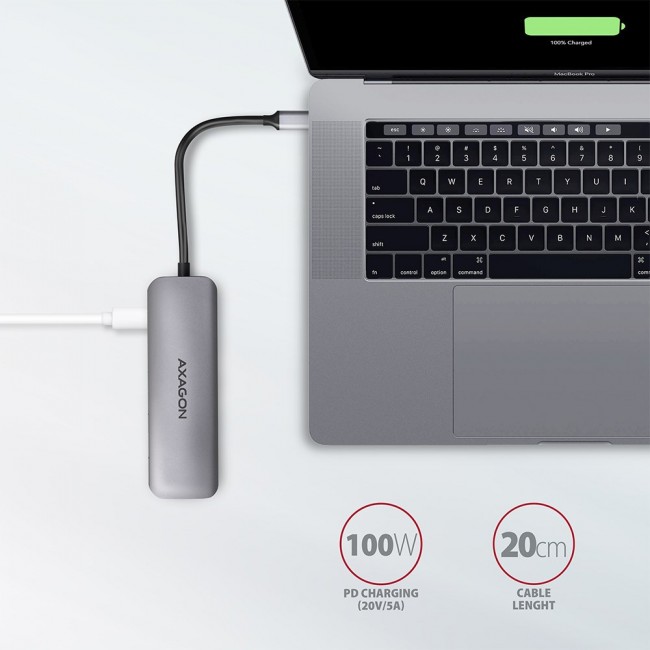 Axagon HMC-5 USB 3.2 Gen 1 hub, 2x USB-A, HDMI, SD/microSD, PD 100W, 20cm USB-C cable