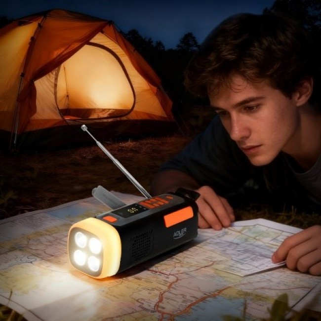 Adler AD 1920 Emergency radio Solar panel / Crank / Powerbank 4500 mAh Black