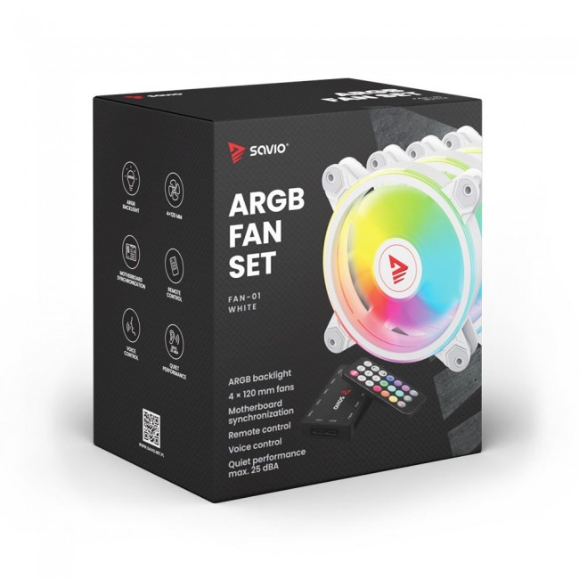 SAVIO FAN-01 WHITE 4-pack 120mm ARGB fan including controller and remote control SAVIO FAN-01 WHITE 4-pack 120mm ARGB fan including controller and remote control