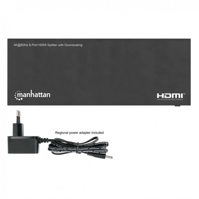 Manhattan 4K@60Hz 8-Port HDMI Splitter with Downscaling, Splits One HDMI Input to Eight HDMI Outputs (1x8), 18G, EDID Switch for Downscaling, Black