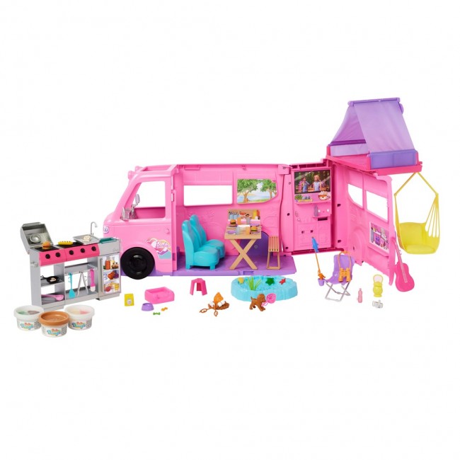 Barbie Dream Camper Playset with Roof Tent, BBQ Grill with Color-Change Feature & 60+ Accessories Barbie Dream Camper Playset with Roof Tent, BBQ Grill with Color-Change Feature & 60+ Accessories