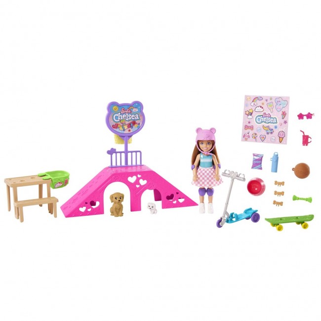 Barbie Chelsea Doll and Accessories, Skatepark Playset with 2 Puppies and 15+ Pieces