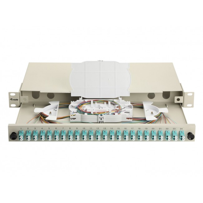 Equip 24-Port Fiber Optic Splice Box, LC Duplex, OM3, 1U, Equipped, Grey