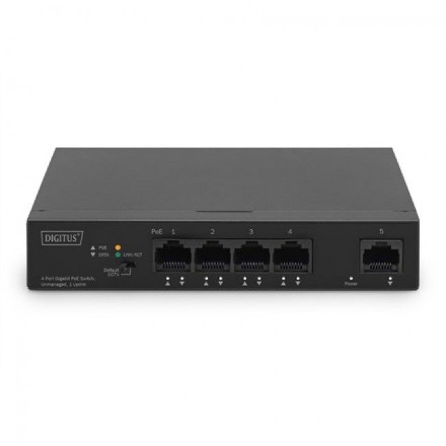 Digitus 4- Port Gigabit PoE Netzwerkswitch, Desktop, unmanaged, 1 Uplink Port RJ45, 60 W, af/at