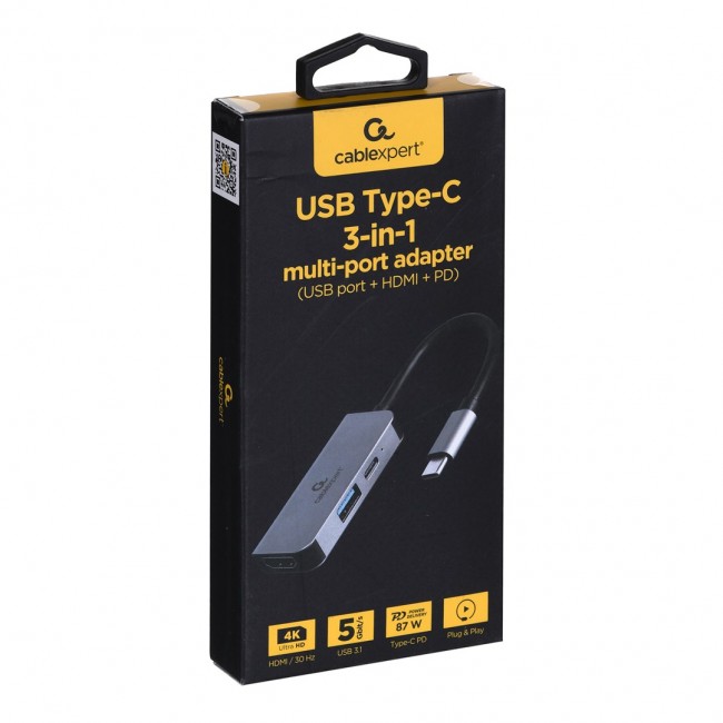 Gembird A-CM-COMBO3-02 USB Type-C 3-in-1 multi-port adapter (USB port + HDMI + PD), silver