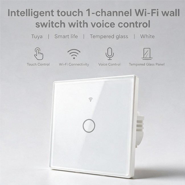 Qoltec 52715 Smart Touch 1-Gang Light Switch | Wi-Fi | Timer | Tuya | Smart Life | Tempered Glass | White