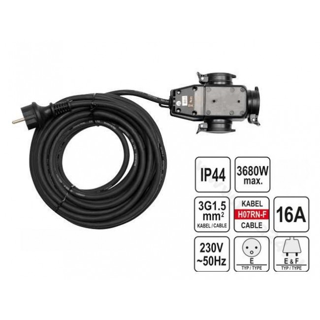 Yato YT-81162 power extension 20 m 3 AC outlet(s) Indoor/outdoor Black