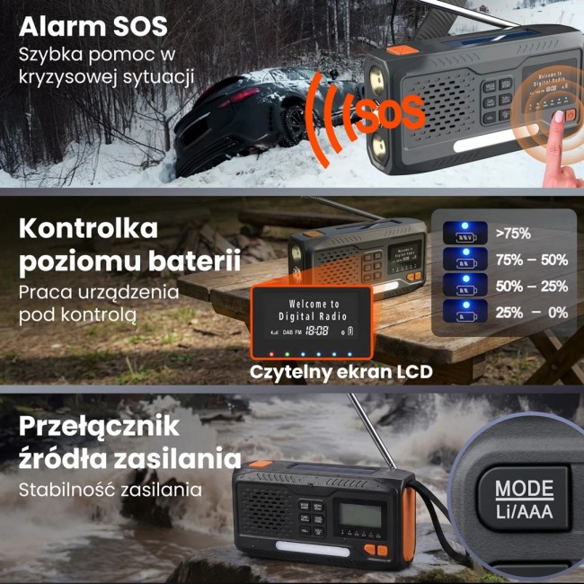 Extralink RADIO AWARYJNE BLUETOOTH SOLARNE Z KORBKA DYNAMO POWERBANK 4000MAH Z LATARKA SOS BT-4000 Portable Analog & digital Black, Orange