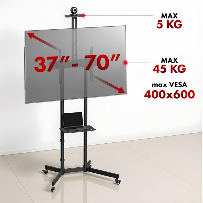 Maclean TV stand / cart, camera shelf, on wheels, 37-70