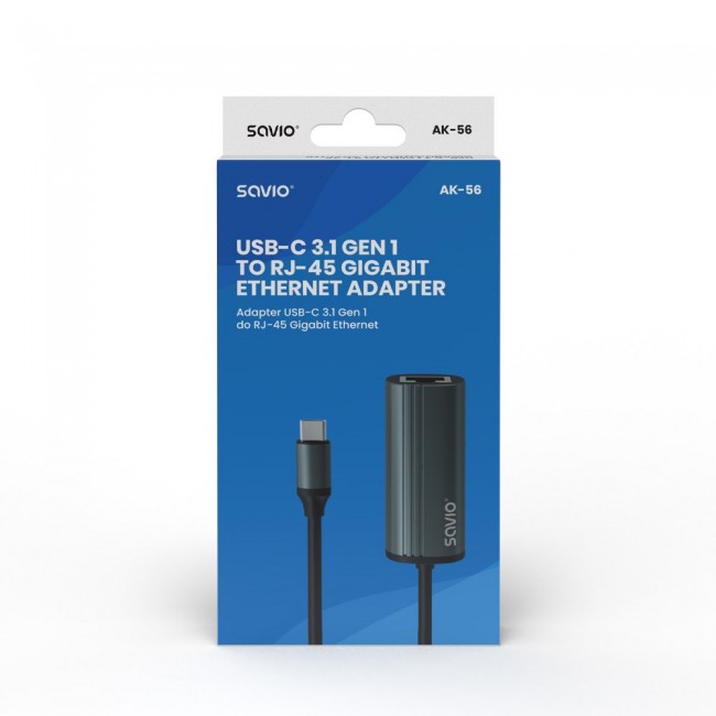 SAVIO Adapter USB-C 3.1 Gen.1 (M) to RJ-45 Gigabit Ethernet (F), 1000 Mbps, AK-56, grey