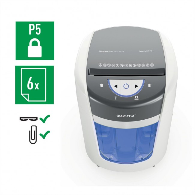 Leitz IQ OptiMax Home Office 225 Micro Cut Paper Shredder Security P5 15L - White Leitz IQ OptiMax Home Office 225 Micro Cut Paper Shredder Security P5 15L - White