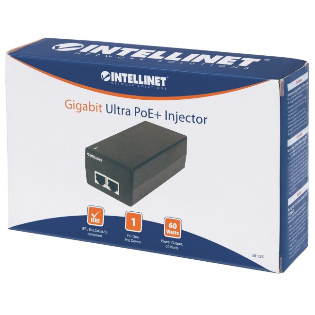 Intellinet Gigabit Ultra PoE+ Injector, 1 x 60 W Port, IEEE 802.3bt and IEEE 802.3at/af Compliant, Plastic Housing Intellinet Gigabit Ultra PoE+ Injector, 1 x 60 W Port, IEEE 802.3bt and IEEE 802.3at/af Compliant, Plastic Housing