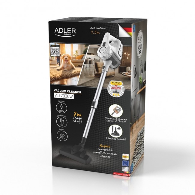 Adler AD 7036W stick vacuum/electric broom 2-in-1 stick vacuum AC Dry Bagless 1.5 L Black, White