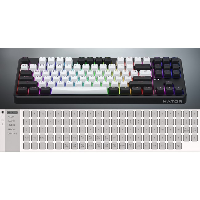 HATOR Rockfall 3 TKL Wireless, black, QMK/VIA, OMA profile white-black keycaps Keyboard - linear mechanical hotswap switches - US - ANSI Layout (HTK850)