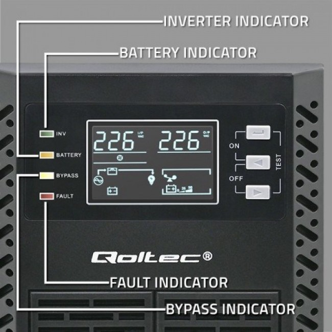 Qoltec 52281 uninterruptible power supply (UPS) Double-conversion (Online) 2 kVA 2000 W 3 AC outlet(s) Qoltec 52281 uninterruptible power supply (UPS) Double-conversion (Online) 2 kVA 2000 W 3 AC outlet(s)