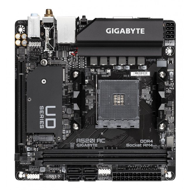 GIGABYTE A520I AC Motherboard - Supports AMD Ryzen 5000 Series AM4 CPUs, 6 Phases Digital VRM, up to 5300MHz DDR4 (OC), 1xPCIe 3.0 M.2, WIFI, GbE LAN, USB 3.2 Gen1 GIGABYTE A520I AC Motherboard - Supports AMD Ryzen 5000 Series AM4 CPUs, 6 Phases Digital VRM, up to 5300MHz DDR4 (OC), 1xPCIe 3.0 M.2, WIFI, GbE LAN, USB 3.2 Gen1