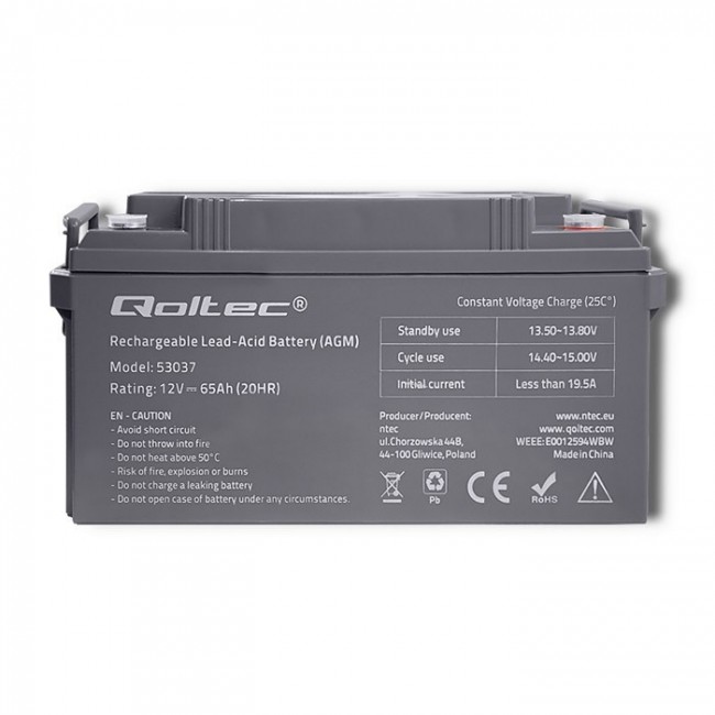 Qoltec 53037 AGM battery | 12V | 65Ah | max 780A