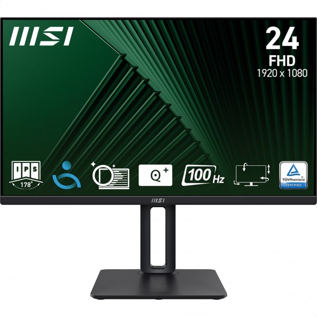MSI Pro MP245PG 24 Inch Monitor, FHD (1920 x 1080), 100Hz, IPS, 1ms, 1x HDMI 1.4b, 1x DP 1.2a output, 1x D-Sub(VGA), Built-in Speakers, Anti-Glare, Anti-Flicker, Less Blue light, T V Certified, VESA, Kensington, 4-way adjustable stand, Black MSI Pro MP245PG 24 Inch Monitor, FHD (1920 x 1080), 100Hz, IPS, 1ms, 1x HDMI 1.4b, 1x DP 1.2a output, 1x D-Sub(VGA), Built-in Speakers, Anti-Glare, Anti-Flicker, Less Blue light, T V Certified, VESA, Kensington, 4-way adjustable stand, Black