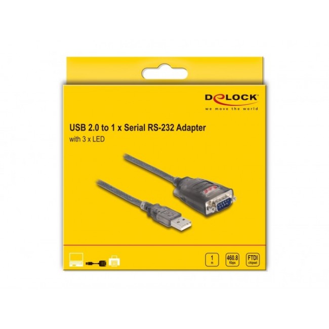 DeLOCK Adapter USB 2.0 Type-A to 1 x Serial RS-232 D-Sub 9 pin male with nuts with 3 x LED 1 m