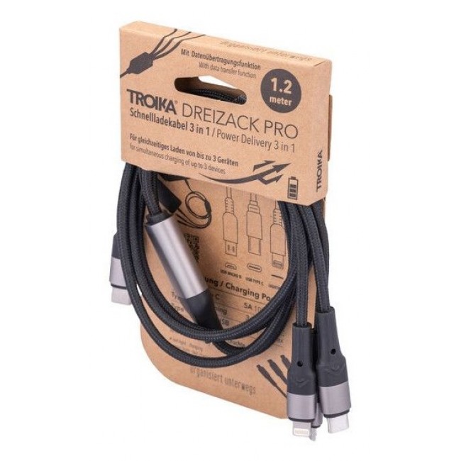 TROIKA DREIZACK PRO USB cable 1.2 m USB C USB C/Micro USB-A/Lightning 100 W Black, Grey